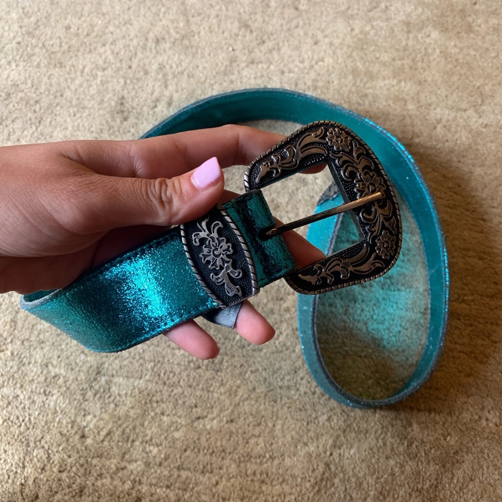 Free People Black Rock Western Belt -Aqua Metallic
